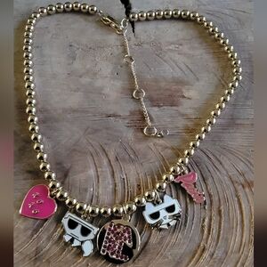 Karl Lagerfeld Gold Tone beaded and Pink Charm Adjustabel Necklace